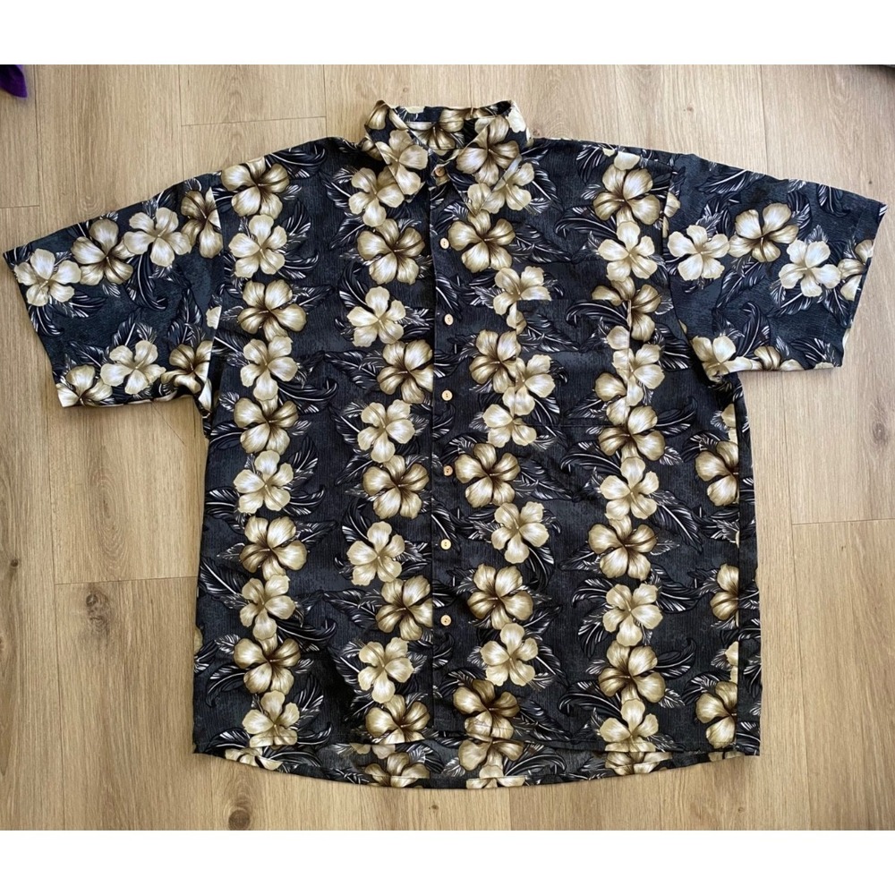 XG Island Tropics Mens XL Black Floral Hawaiian Shirt Short Sleeve Button Up